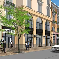 Scenic European Style Commercial Street With Multi Story Buildings Trees And Pedestrians