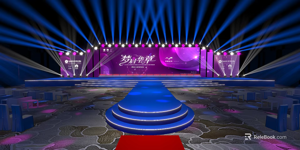 Glamorous Stage Design With Blue Purple Lighting Red Carpet And Steps 3d model 