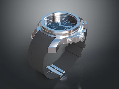 Luxury Modern Watch With Silver Metal Case Black Rubber Strap And Blue Dial 3d model