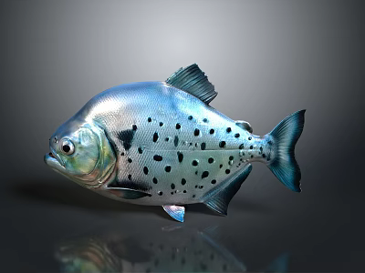 Silver Fish with Black Spots on Gray Background Shiny Reflective Surface 3d model