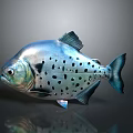 Silver Fish with Black Spots on Gray Background Shiny Reflective Surface