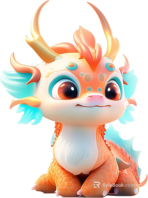 Cute Cartoon Dragon With Orange Blue Fur Big Eyes And Smiling Expression 3d model 
