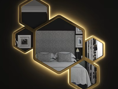Hexagonal Illuminated Mirror Reflecting Modern Bedroom Interior With Bed And Artwork 3d model
