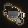Hexagonal Illuminated Mirror Reflecting Modern Bedroom Interior With Bed And Artwork