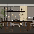 Serene Modern Tea Room Interior Featuring Wooden Table Bamboo Plants Tea Set And Hanging Lights