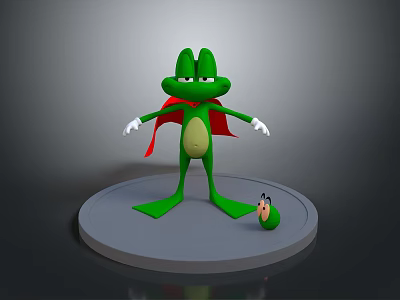 Green Reptile Character With Red Cape Standing On Round Platform And Small Insect 3d model