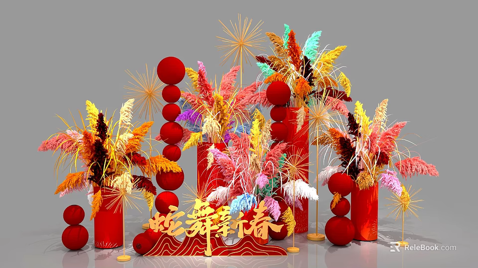 Colorful Floral Decorations With Red Balls And Feathery Plants For Festive Setup 3d model 