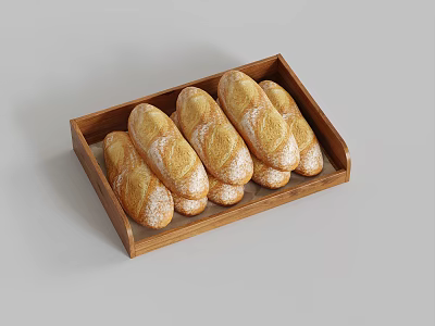 Fresh Flour Dusted Baguettes Arranged In Wooden Tray For 3d model