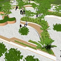 Modern Scenic Park Landscape With Curved Pathways Lush Greenery And People Enjoying