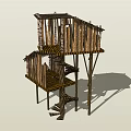 Two Story Elevated Wooden House with Wooden Log Walls Ladder Access and Dark Roof Design