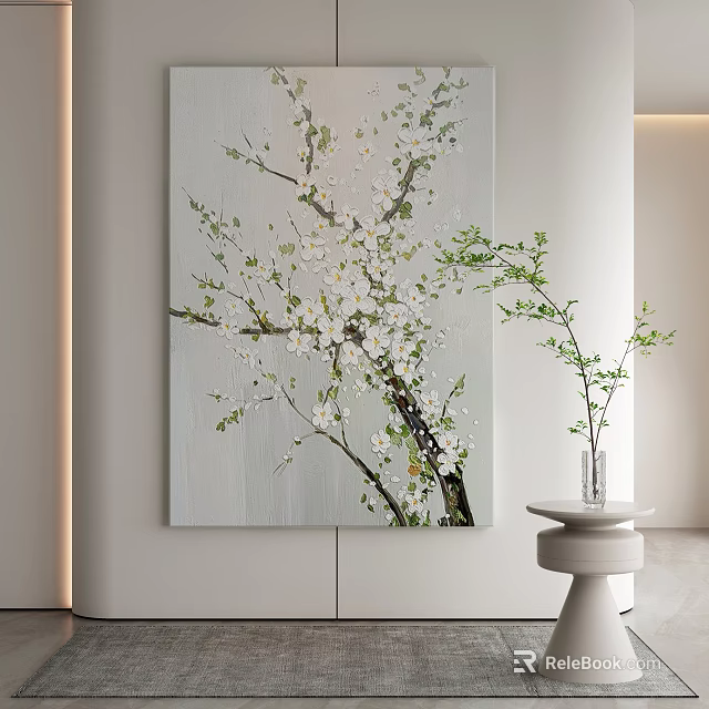 Botanical Painting Of White Flower Branches On Light Background With Transparent Vase And Green Foliage 3d model 