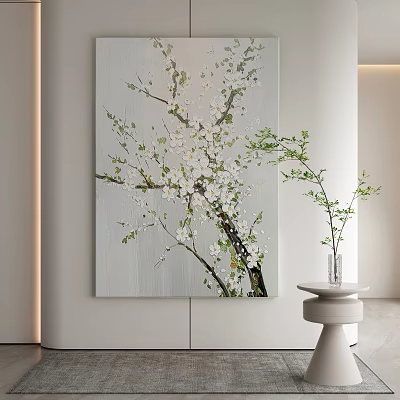 Botanical Painting Of White Flower Branches On Light Background With Transparent Vase And Green Foliage 3d model