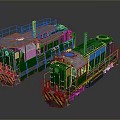 Two Vintage Green Locomotive Trains with Metal Railings and Chimneys