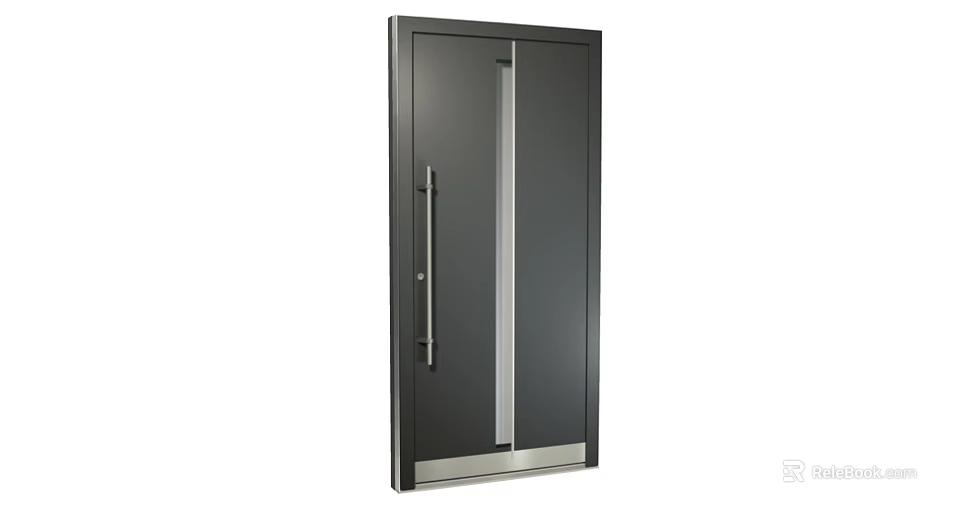 Modern Gray Swing Door With Long Metal Handle Vertical Glass Strip And Silver Base Trim 3d model 