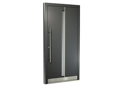 Modern Gray Swing Door With Long Metal Handle Vertical Glass Strip And Silver Base Trim 3d model