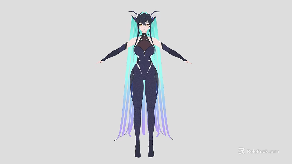 Woman With Long Blue Green To Purple Gradient Hair And Black Horns In Tight Outfit 3d model 