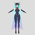 Woman With Long Blue Green To Purple Gradient Hair And Black Horns In Tight Outfit