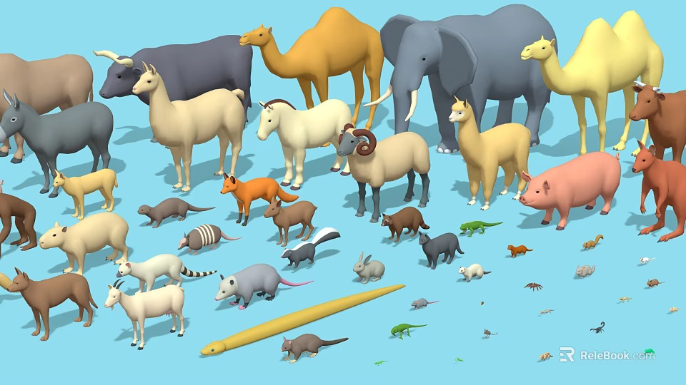 Assorted Animal Figures Collection Including Camels Elephants Sheep and More on Blue Background 3d model 