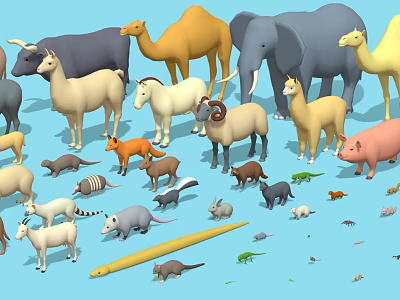 Assorted Animal Figures Collection Including Camels Elephants Sheep and More on Blue Background 3d model