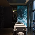 Luxury SPA Sauna Interior With Wooden Walls Massage Table Round Mirror And Soft Lighting
