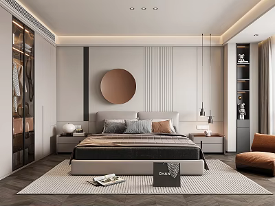 Modern Bedroom Interior Design With Round Mirror Nightstands Pillows Wardrobe And Accent Chair 3d model