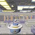 Colorful Pet Supply Store Interior With Purple Blue Decor Display Shelves And Round Table
