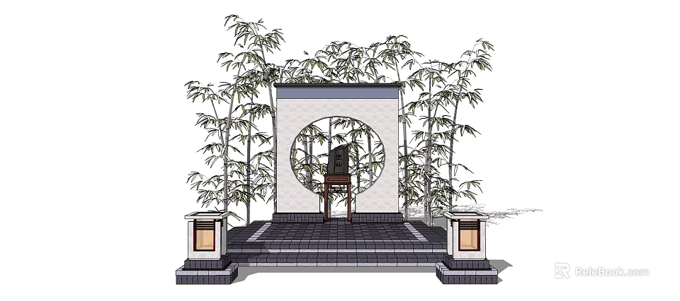 Traditional Scenic Wall With Circular Window Bamboo Plants Lanterns And Stone Slab Steps 3d model 