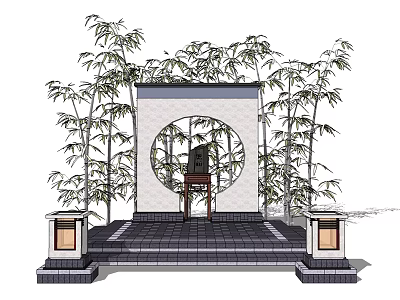 Traditional Scenic Wall With Circular Window Bamboo Plants Lanterns And Stone Slab Steps 3d model
