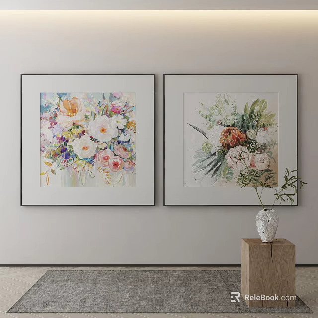 Framed Floral Watercolor Paintings As Wall Decor With Vase On Wooden Stand 3d model 