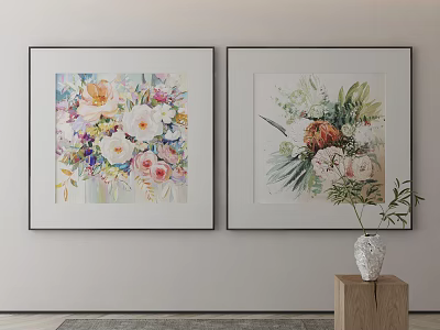 Framed Floral Watercolor Paintings As Wall Decor With Vase On Wooden Stand 3d model