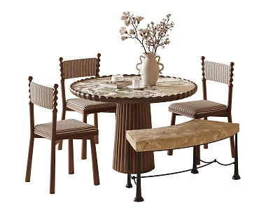 Round Dining Table Set with Three Chairs a Bench Wooden Frame Upholstered Seats Decorative Vase 3d model