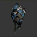 Man In Blue And Black Combat Suit With Helmet Green Glowing Eyes Holding Weapon