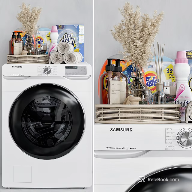 Laundry Supplies On Samsung Washing Machine Top With Detergent And Fabric Softener 3d model 