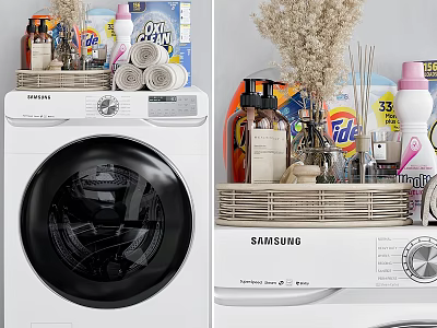 Laundry Supplies On Samsung Washing Machine Top With Detergent And Fabric Softener 3d model