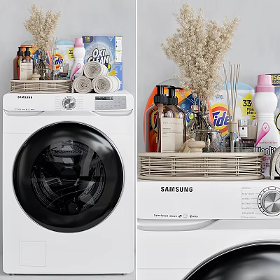 Laundry Supplies On Samsung Washing Machine Top With Detergent And Fabric Softener 3d model