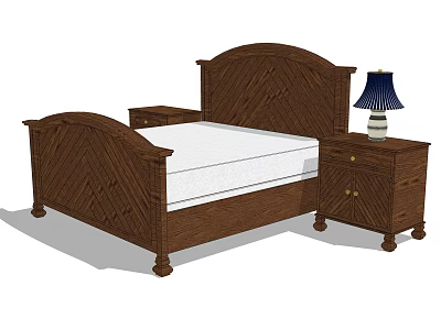 Dark Wooden Double Bed With Carved Headboard White Mattress And Nightstand Blue Lampshade Lamp 3d model