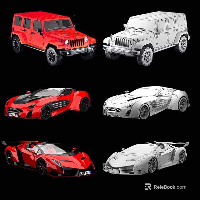 Different Types of Cars Including SUV and Sports Cars in Colored and Line Art Designs 3d model 