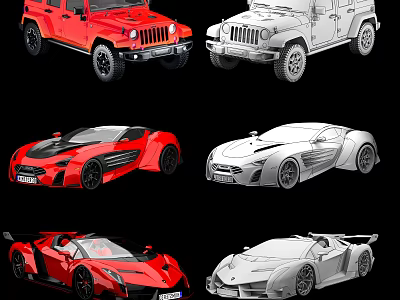 Different Types of Cars Including SUV and Sports Cars in Colored and Line Art Designs 3d model