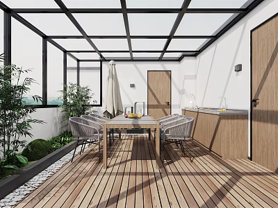 Bright Modern Villa Balcony With Glass Roof Wooden Flooring And Outdoor Dining Set 3d model