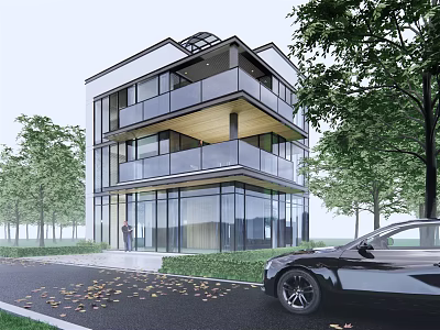 Modern Detached Villa Featuring Two-Story Glass Design and Wooden Balconies Surrounded by Green Trees 3d model