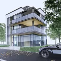 Modern Detached Villa Featuring Two-Story Glass Design and Wooden Balconies Surrounded by Green Trees