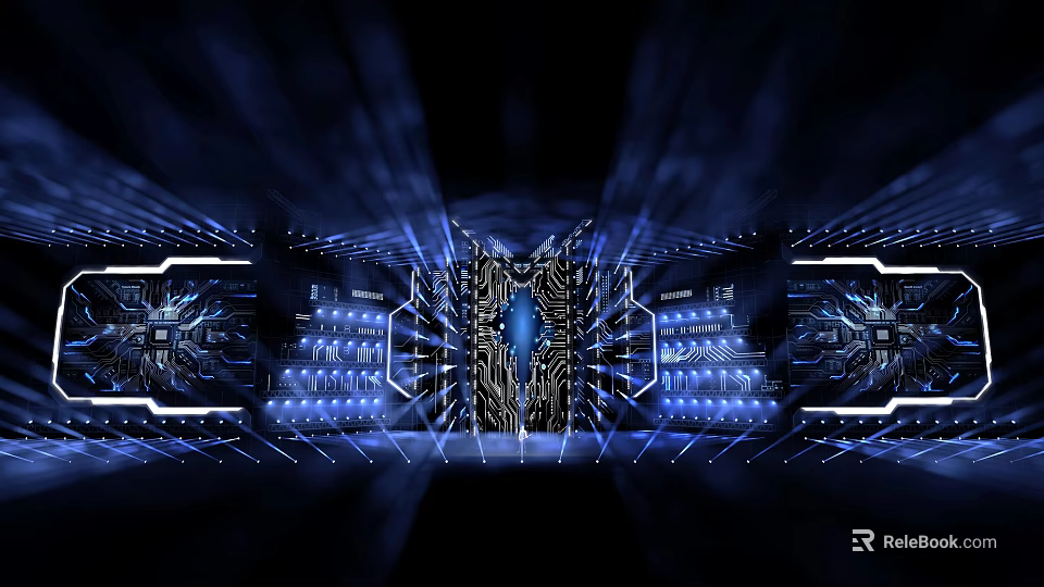 Futuristic Stage Design Featuring Blue Lighting Geometric Structures And Digital Effects 3d model