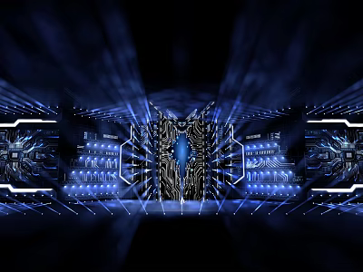 Futuristic Stage Design Featuring Blue Lighting Geometric Structures And Digital Effects 3d model