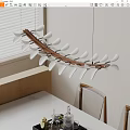 Stylish Modern Chandelier with Curved Wooden Frame and White Petal Shades in Dining Room