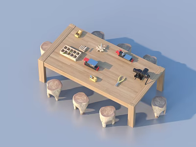 Wooden Long Table With Stump Style Chairs And Various Items On Top 3d model