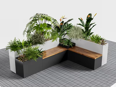 Outdoor Landscape Seating With Wooden Benches And Integrated Greenery Planters 3d model