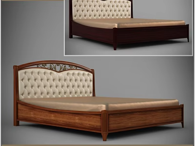 Elegant Wooden Double Bed With Tufted Beige Upholstered Carved Headboard Classic Design 3d model