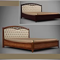 Elegant Wooden Double Bed With Tufted Beige Upholstered Carved Headboard Classic Design