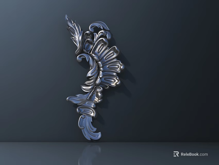 Ornate Silver Metal Carving with Intricate Floral Leaf and Curly Line Patterns on Dark Background 3d model 