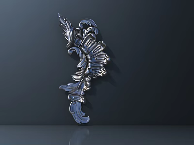 Ornate Silver Metal Carving with Intricate Floral Leaf and Curly Line Patterns on Dark Background 3d model